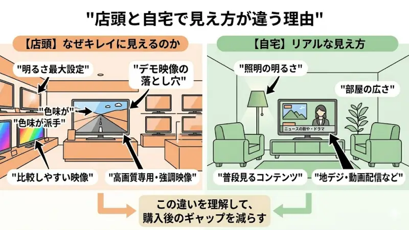 家電量販店のデモ映像と自宅での地デジ放送の画質・明るさの違いの理由