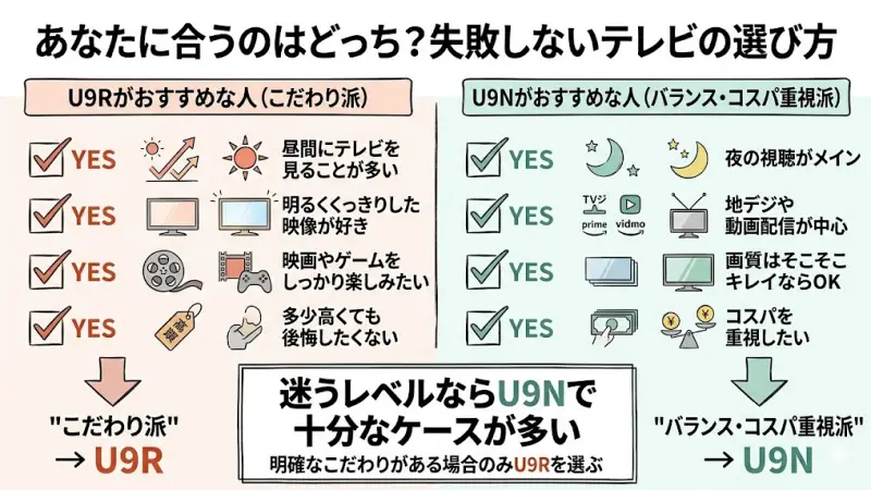 あなたに合うのはどっち？ハイセンスU9RとU9Nの失敗しない選び方診断チャート