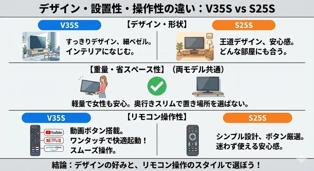 V35Sは、全体的にすっきりとしたデザインで、落ち着いた印象のテレビです。ベゼル(画面の枠)が細めなので、同じサイズでも画面が広く感じられ、映像に自然と目が向きます。