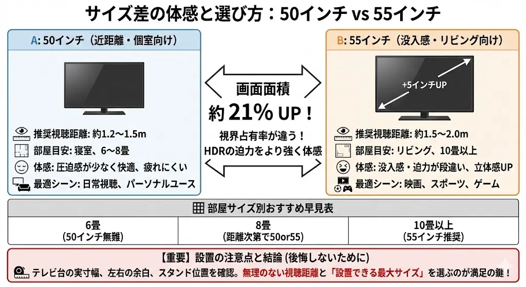 サイズ差の体感|50インチと55インチはどれくらい違う?