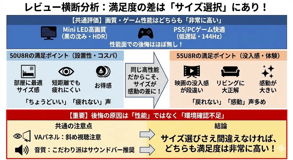 50U8R/55U8Rは、各レビューサイトや通販サイトを見ても評価傾向が非常に似ています。 大きな不満点は少なく、満足度の差は「サイズ選択が合っていたかどうか」に集約されているのが特徴です。