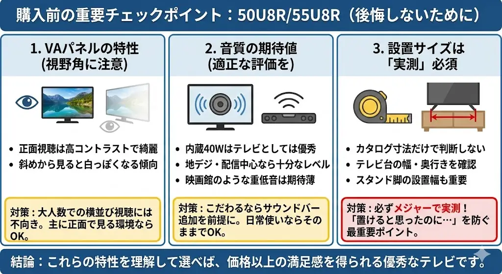 50U8R/55U8Rは価格以上の性能を持つ優秀なテレビですが、 購入前に知っておいたほうが安心なポイントもいくつかあります。