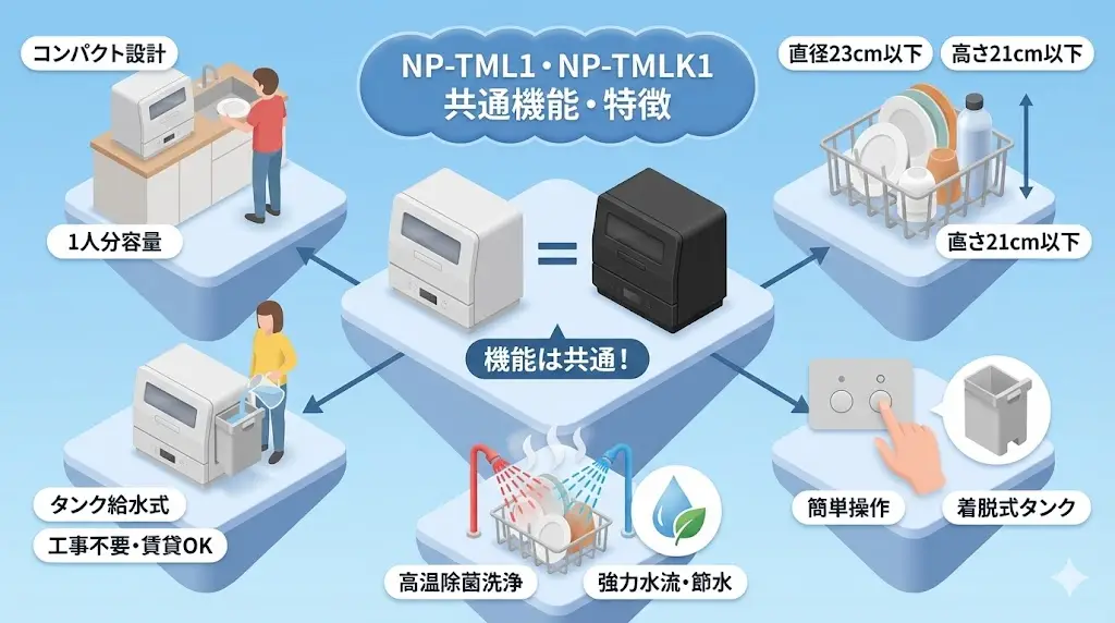 食洗機を選ぶ際に多い不安のひとつが、「キッチンに置けるかどうか」です。NP-TML1・NP-TMLK1は、省スペースを重視したコンパクト設計のため、限られたキッチンでも設置しやすいのが特徴です。