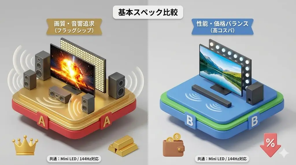 65U8Rと65U9Rの基本スペック比較（65V型）