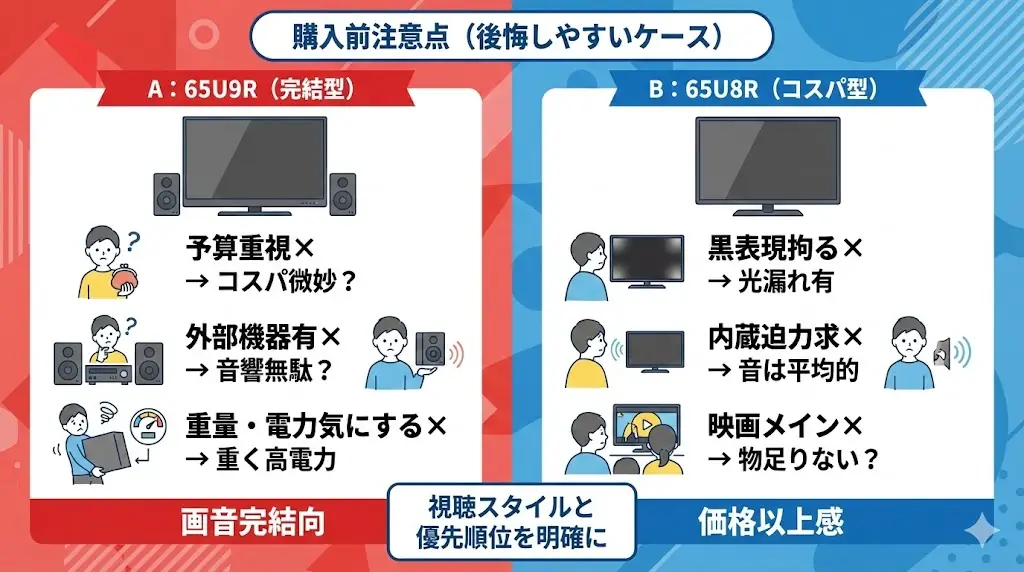 65U8R・65U9Rはどちらも完成度の高いテレビですが、 使い方や期待値によっては「思っていたのと違った」と感じるケースもあります。