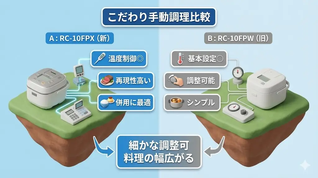 RC-10FPX／RC-10FPWは、自動調理だけでなく 温度や時間を自分で設定できる「手動調理」にも対応しています。