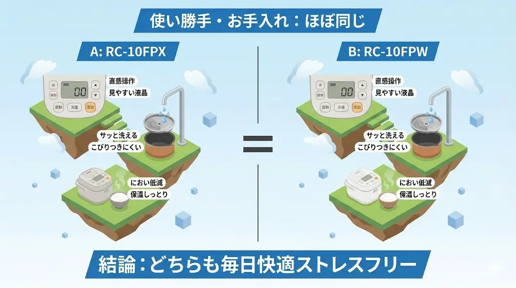RC-10FPXとRC-10FPWは、どちらも毎日使うことを前提にした設計のため、 操作性やお手入れのしやすさに大きな差はありません。