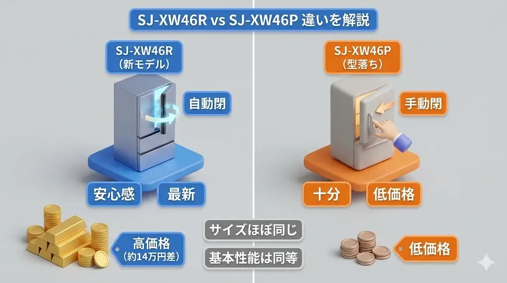 ここでは、SJ-XW46RとSJ-XW46Pの違いについて、実際の使い勝手をイメージしながら詳しく解説します。 スペック表だけでは分かりにくいポイントを中心に見ていきましょう。