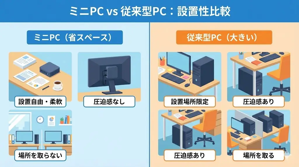 HP Pro Mini 400 G9は、ミニデスクトップならではのコンパクトな筐体が大きな特徴です。 一般的なデスクトップPCと比べると設置面積が非常に小さく、 限られたスペースでも無理なく設置できる点が評価できます。