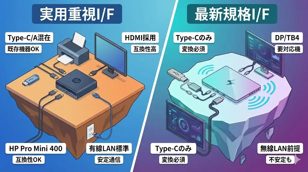 HP Pro Mini 400 G9は、業務用途で必要とされる端子を過不足なく備えた実用重視のインターフェース構成が特徴です。 最新規格に偏りすぎず、現場で「すぐ使える」ことを優先した設計となっています