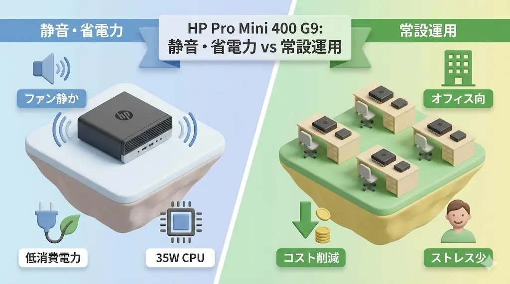 HP Pro Mini 400 G9は、Core i5-12500T（35W）を搭載した省電力設計のため、 発熱や動作音が比較的抑えられている点が特徴です。 オフィスや自宅など、静かな環境で常設利用するPCとして扱いやすいモデルと言えるでしょう。