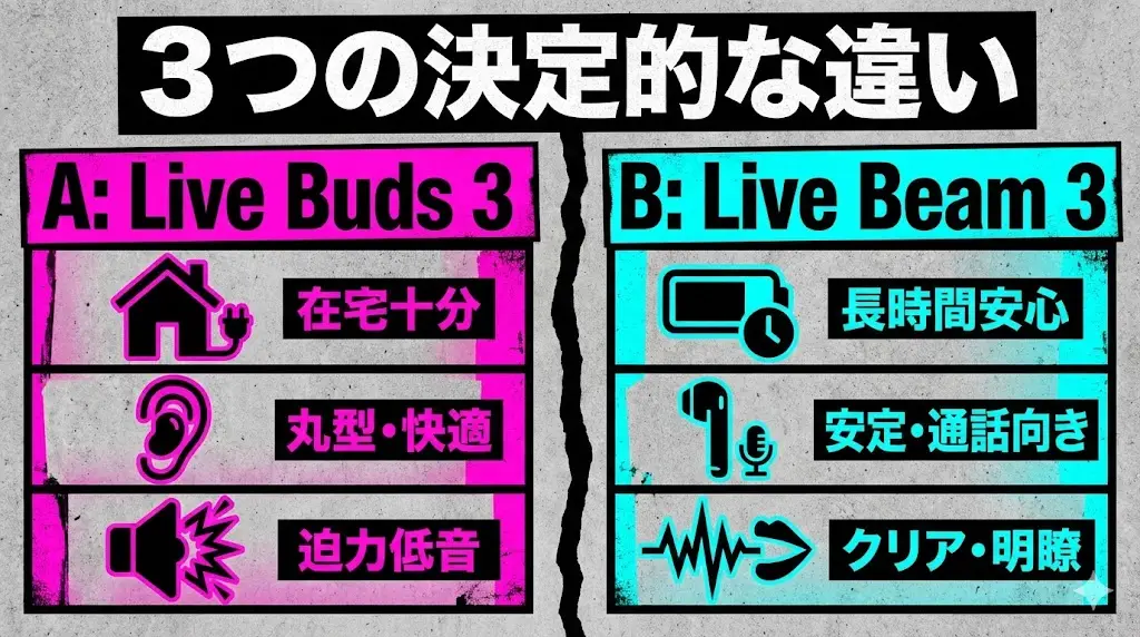 Live Beam 3は、イヤホン単体・充電ケース込みともに余裕があり、 外出先で長時間使う人でも安心しやすい設計になっています。