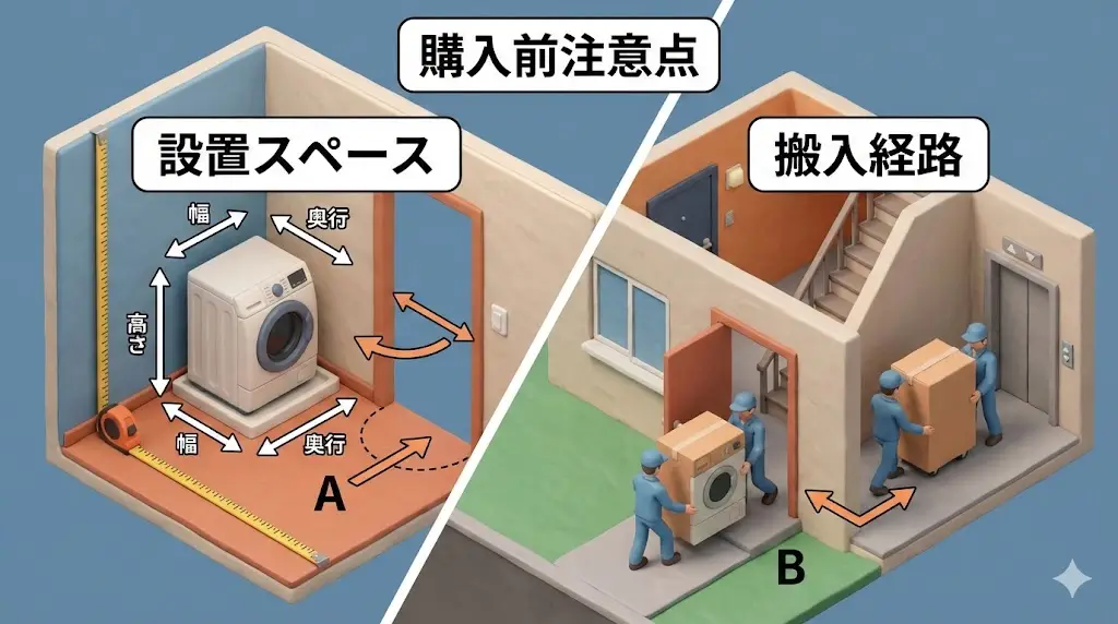「NA-SD10UBL」「NA-SD10HBL」はどちらもコンパクト設計ですが、ドラム式洗濯機は縦型よりも奥行きが必要になります。