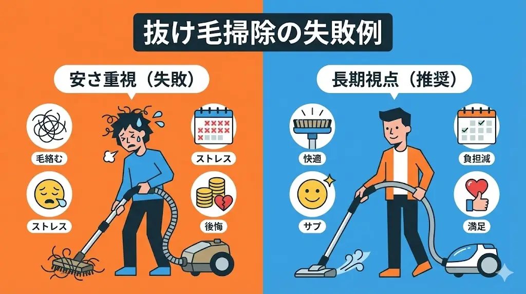 「とりあえず安いものでいいかな」と価格だけで選んでしまうと、ペットの毛が思ったより取れない、ヘッドに毛が絡んで掃除後が大変といった不満につながりやすくなります。