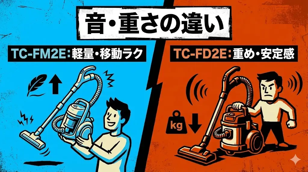 TC-FM2Eは本体が軽量なため、持ち上げやすく、移動がラクなのが特徴です。階段や部屋の行き来が多い家庭では、「重くて出すのが面倒」と感じにくい点がメリットになります。 一方、TC-FD2Eは機能が充実している分、TC-FM2Eよりやや重さを感じやすい傾向があります。ただし、その分ヘッドの安定感があり、床にしっかり密着して掃除しやすいと感じる方も多いです。