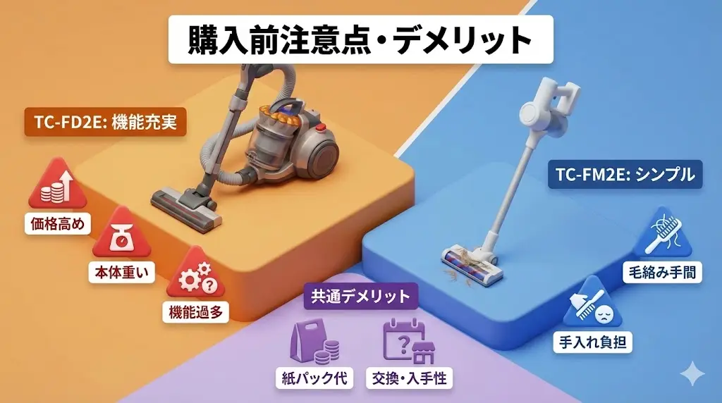 TC-FD2EとTC-FM2Eはどちらも評価の高い掃除機ですが、すべての人に完璧に合うわけではありません。購入前に知っておきたい注意点も確認しておきましょう。
