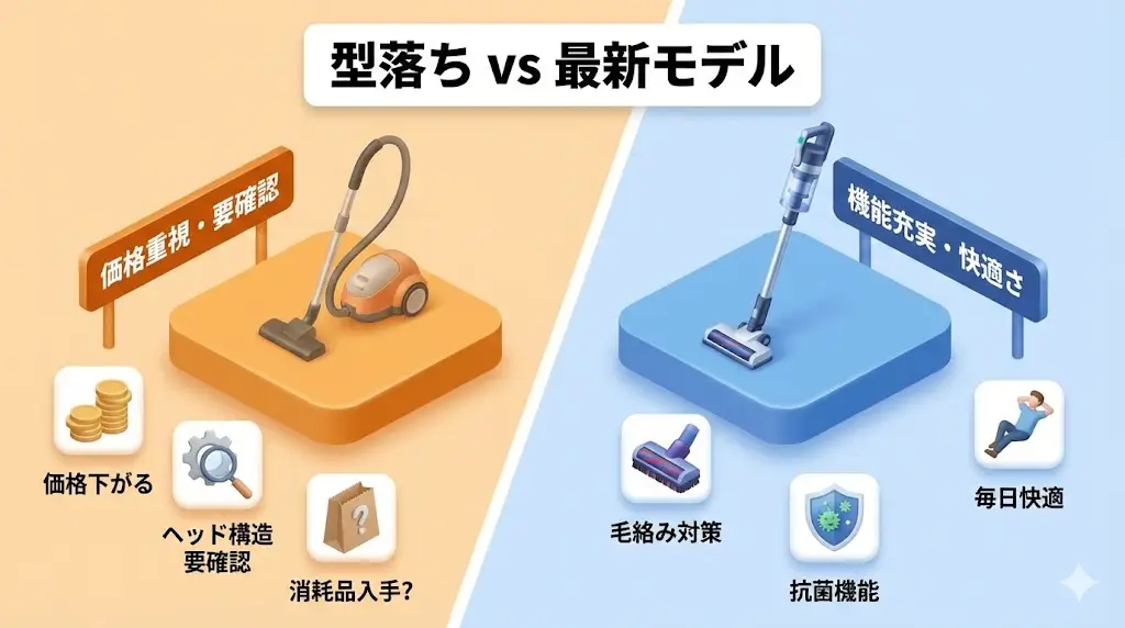 掃除機を選ぶとき、「型落ちモデルでも十分なのでは？」と考える方も多いと思います。結論からいうと、条件によっては型落ち・旧モデルを選ぶのもアリです。