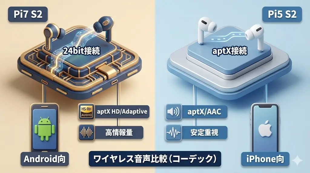 ワイヤレスイヤフォンの音質は、ドライバー性能だけでなく、Bluetoothでどう音を送るかによっても大きく左右されます。 この点で、Pi7 S2とPi5 S2には、はっきりとした違いがあります。