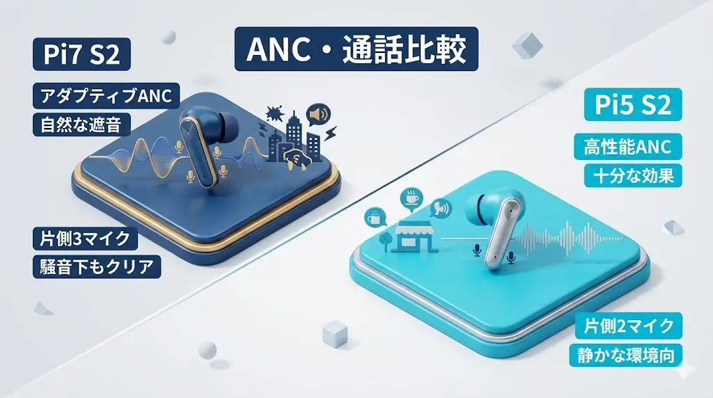 ノイズキャンセリングや通話品質は、使う場所や時間が長くなるほど差を感じやすいポイントです。 この点で、Pi7 S2とPi5 S2は、制御方式とマイク構成に違いがあります。
