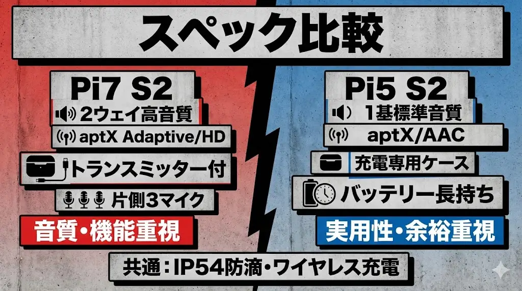 こうして比べると、Pi7 S2は音質・機能面を重視した設計、 Pi5 S2は実用性とバッテリーの余裕を重視した設計であることがわかります。