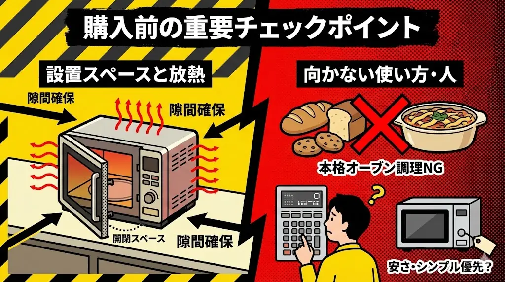 東芝 ER-RB10B-Wは「温め直し重視派」にとって魅力的なモデルですが、購入前に確認しておきたいポイントもあります。