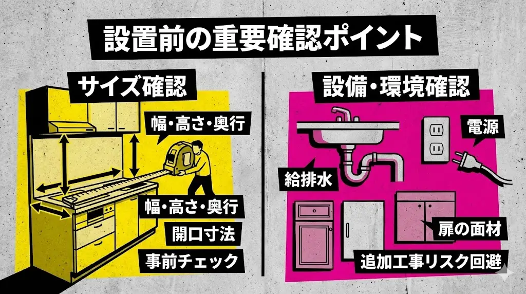 ビルトイン食器洗い乾燥機は、購入してから「設置できなかった…」とならないよう、事前確認がとても大切です。ここでは、NP-60MS8S・NP-60MS8Wを検討する際に知っておきたいポイントをまとめました。