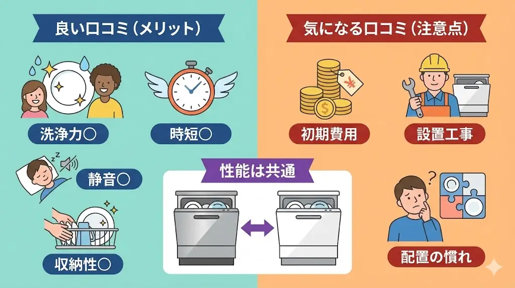 ここでは、NP-60MS8S・NP-60MS8Wを実際に使用している方の口コミをもとに、良い点・気になる点を整理します。性能は共通のため、両モデルに共通する声が多いのが特徴です。