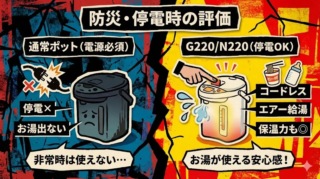 PIS-G220とPIS-N220は、日常使いだけでなく、停電時や災害時にも役立つ電気ポットとして評価されています。