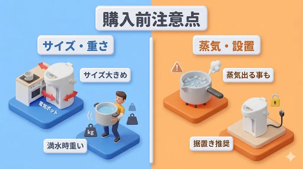 PIS-G220とPIS-N220は、使い勝手や省エネ性能に優れた電気ポットですが、購入前に知っておくと安心な注意点もいくつかあります。