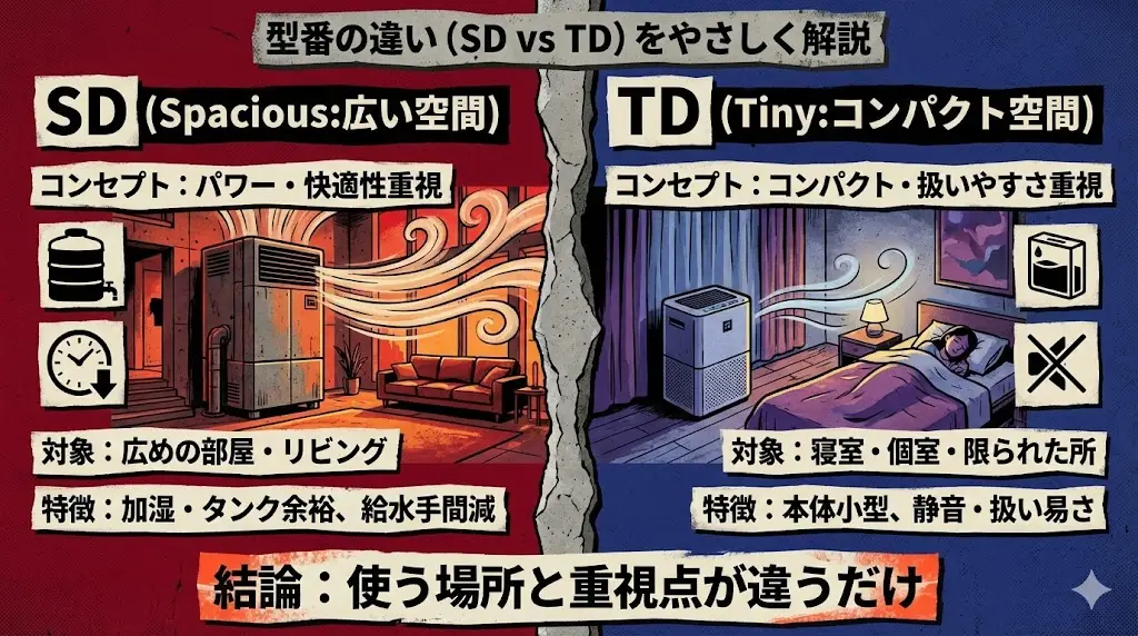 KI-SD50とKI-TD50は、どちらも除加湿空気清浄機ですが、 型番の「SD」「TD」は想定している使い方（コンセプト）の違いを表しています。