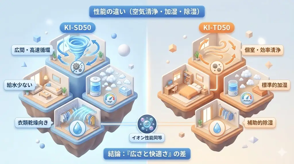 KI-SD50とKI-TD50は、どちらも高性能フィルター構成を採用しており、 花粉やPM2.5、ハウスダストといった微粒子をしっかりキャッチします。