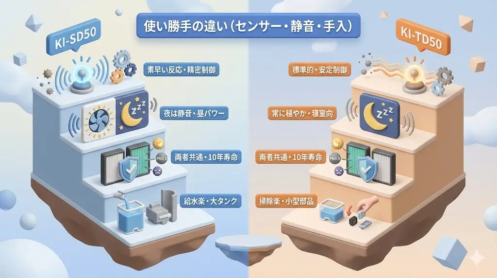 KI-SD50とKI-TD50は、どちらも独自のセンサー制御により、 空気の状態を感知して自動で運転を調整します。