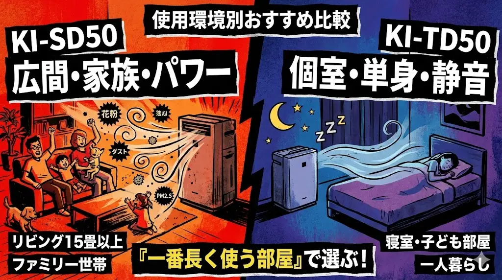 空気清浄機選びで失敗しやすい原因は、「部屋の広さや使い方を具体的に想像できていないこと」です。 ここでは、よくある使用シーン別に、KI-SD50とKI-TD50のおすすめを整理します。