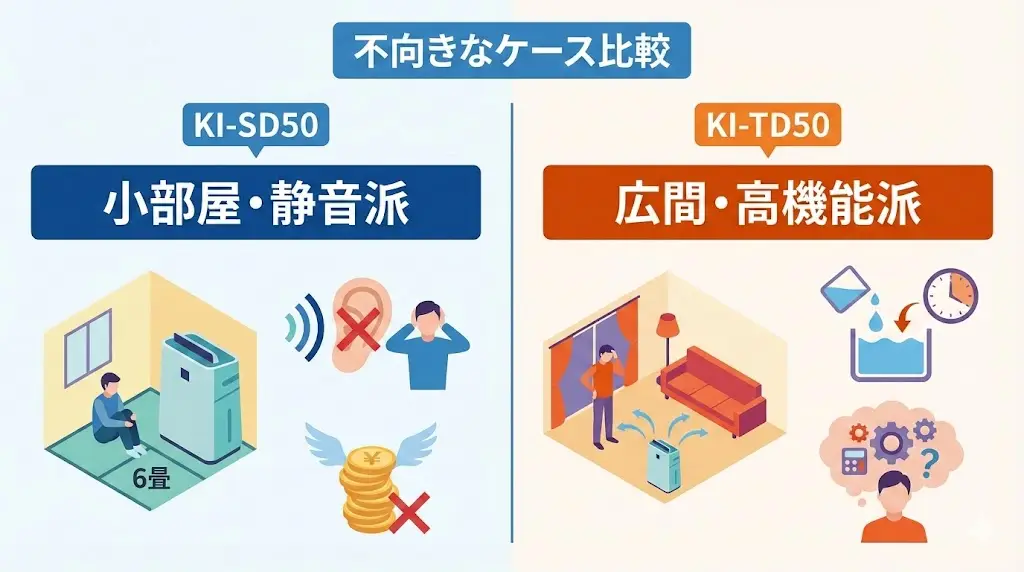 KI-SD50・KI-TD50はいずれも評価の高いモデルですが、 どんなに良い製品でも「合わない使い方」は存在します。 ここでは、正直な視点で「向いていない人」を整理します。