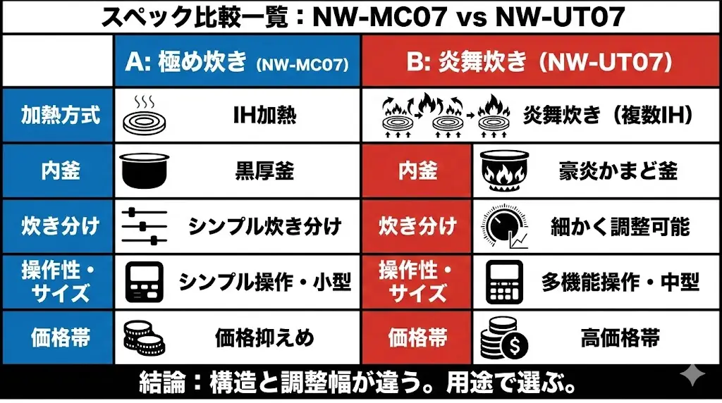細かい解説の前に、まずはNW-MC07とNW-UT07のスペック上の違いを一覧で整理します。