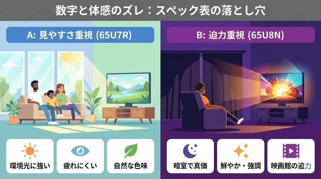 65U7Rと65U8Nで迷う人の多くが、一度はスペック表を見比べて余計に分からなくなるという壁にぶつかります。
