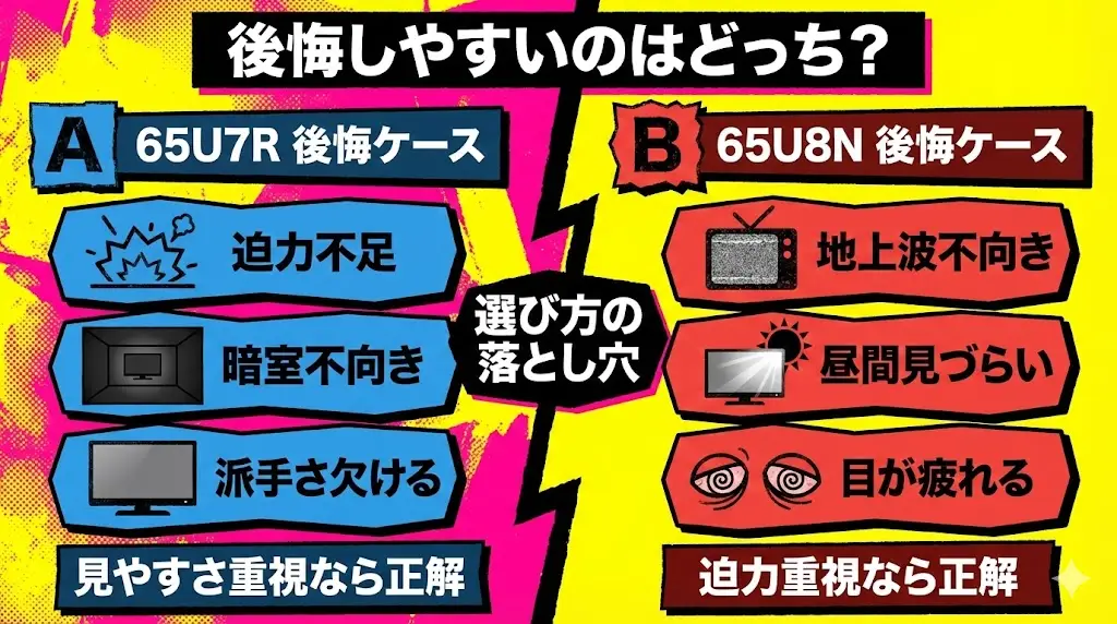 65U7Rと65U8Nは、どちらも完成度の高いテレビですが、選び方を間違えると後悔しやすいポイントがそれぞれ異なります。