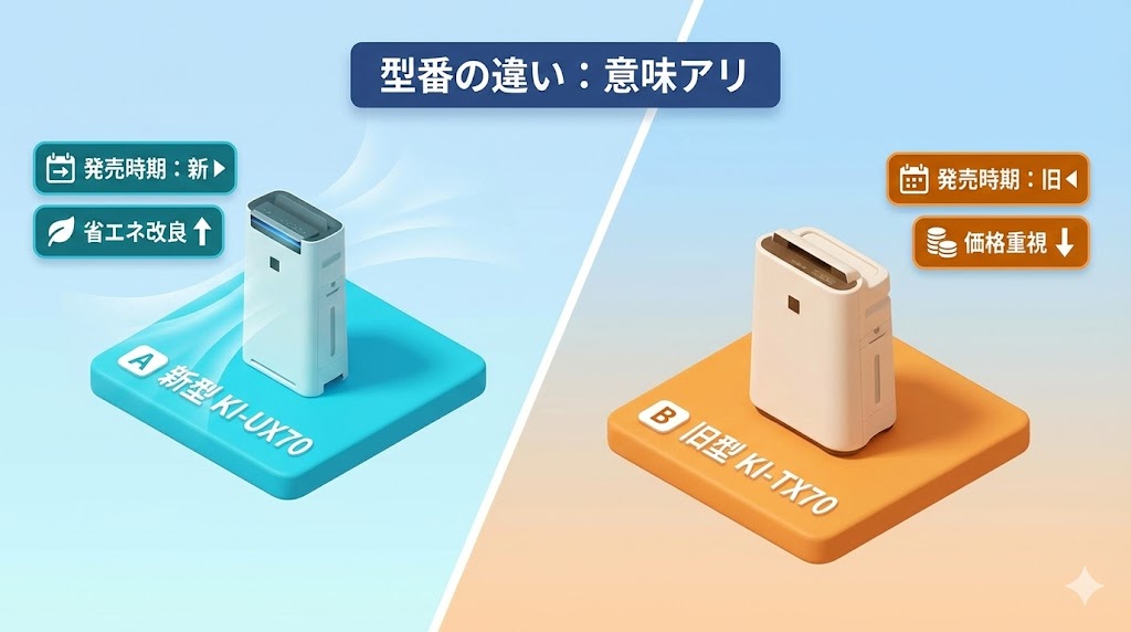 シャープ加湿空気清浄機「KI-UX70」と「KI-TX70」の主な違い