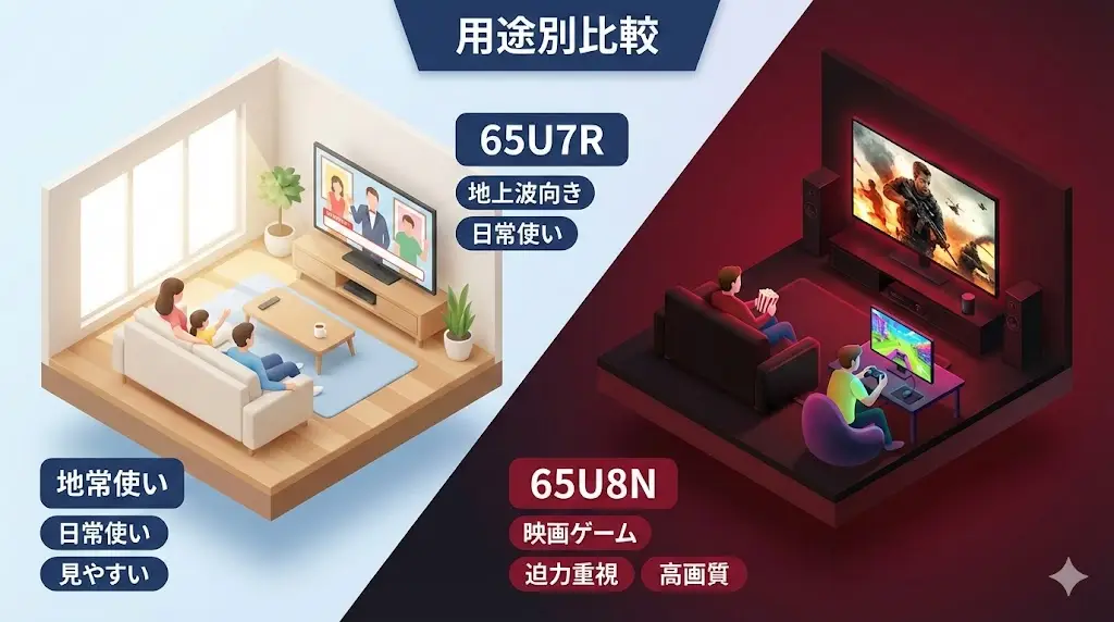 ここまで比較してきた内容を踏まえると、65U7Rと65U8Nの違いは「性能の上下」ではなく、どんな使い方をするかで評価が分かれることが分かります。
