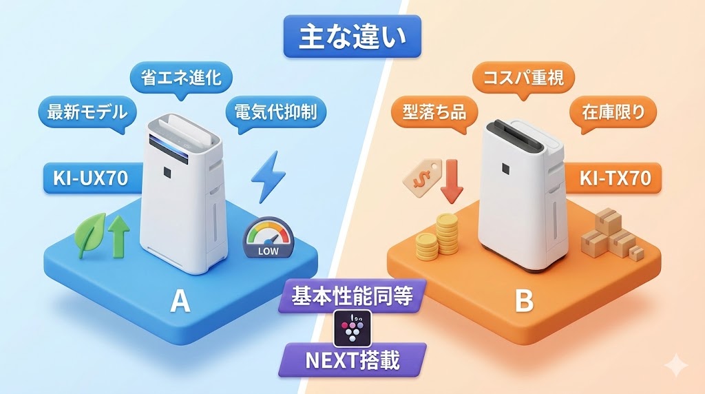 シャープ加湿空気清浄機「KI-UX70」と「KI-TX70」の主な違い