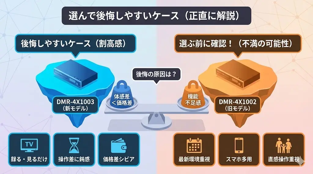 ここではあえて、DMR-4X1003・DMR-4X1002それぞれについて、選び方を間違えると後悔しやすいケースを正直に解説します。