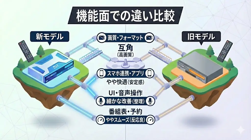 ここからは、DMR-4X1003とDMR-4X1002の機能面の違いについて詳しく見ていきます。日常的にどこまで使いこなすかによって、評価が分かれやすいポイントです。