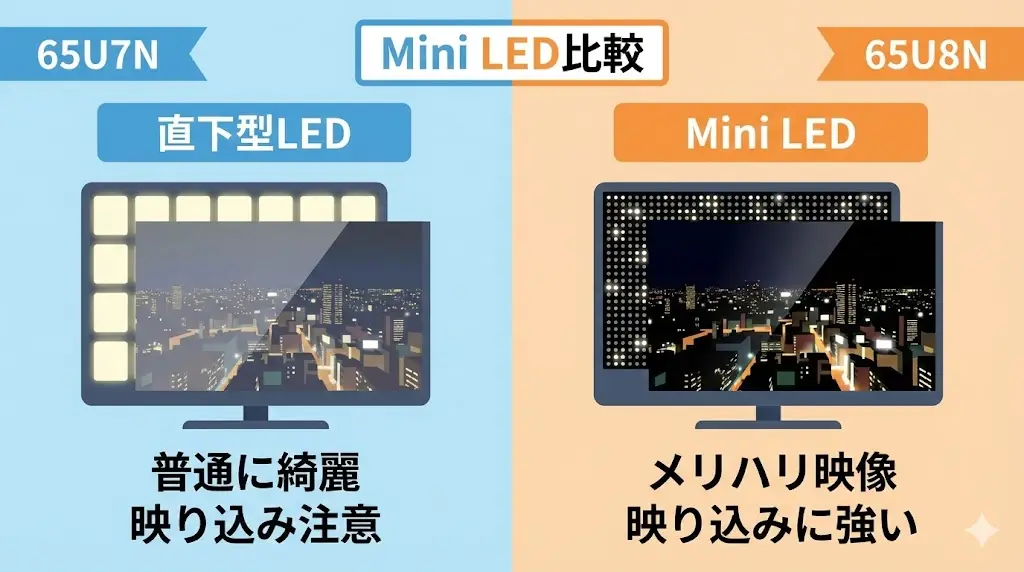 65U7Nと65U8Nの最大の違いは、バックライト方式です。 65U7Nは直下型LED、 65U8NはMini LEDを採用しています。