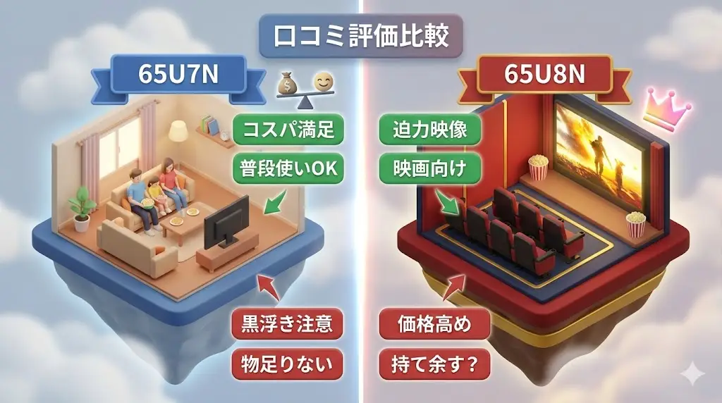 スペックや説明だけでは分かりにくいのが、「実際に使ってみたときの満足度」です。 ここでは、65U7N・65U8Nそれぞれの口コミをもとに、 どんなポイントが評価されやすいのかを整理していきます。