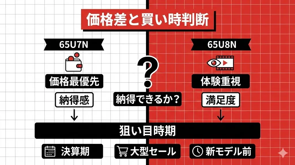 65U7Nと65U8Nで最後に悩みやすいのが、価格差をどう考えるかという点です。
