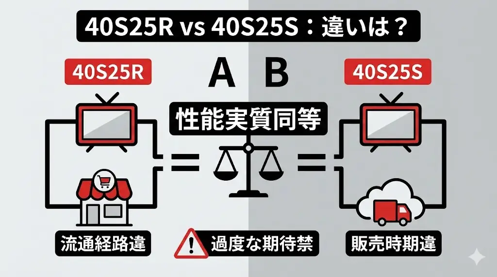 まず最初に結論をお伝えします。 40S25Rと40S25Sに、画質や機能面で体感できる明確な違いはほとんどありません。

そのため、「どちらの方が性能が良いの？」と悩んでいる方ほど、実は深く考えすぎてしまっているケースが多いです。