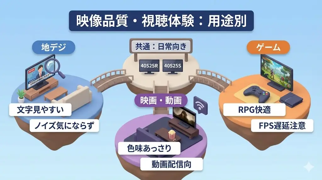 40S25Rと40S25Sは、どちらも「日常使い」を前提としたテレビです。 ここでは、実際の視聴シーンごとに満足度を確認していきます。