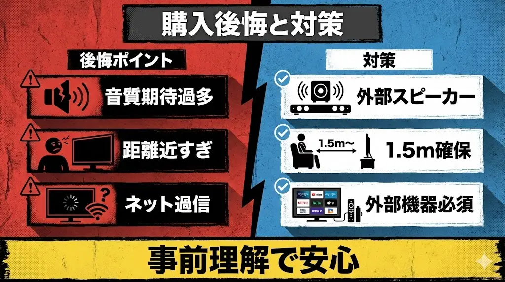 40S25R・40S25Sは価格に対して満足度の高いテレビですが、 事前に理解しておかないと後悔しやすいポイントもいくつかあります。
