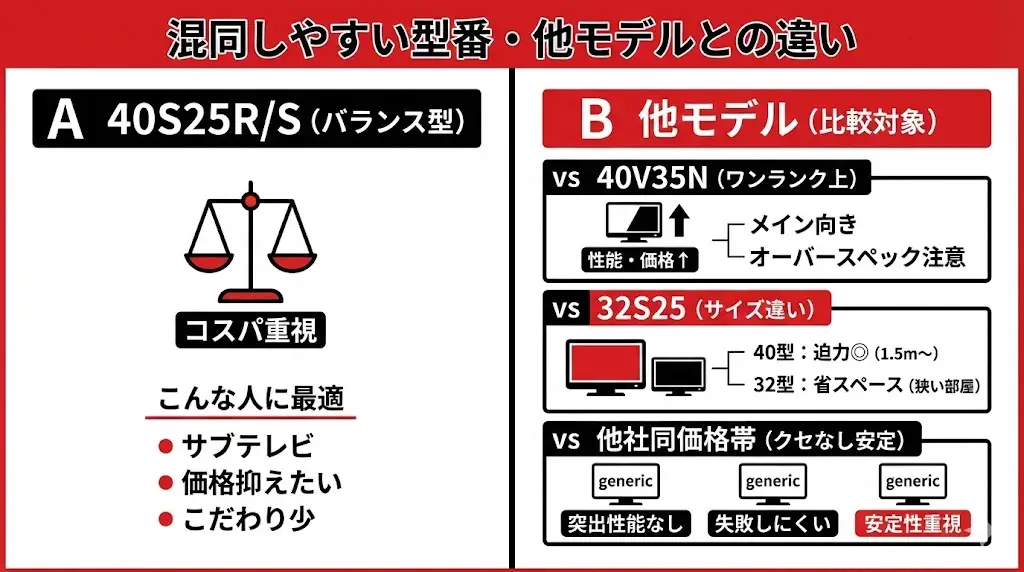 40S25R・40S25Sを検討していると、似た型番や近い価格帯のテレビが目に入り、 「こっちの方が良いのでは？」と迷ってしまうことがあります。