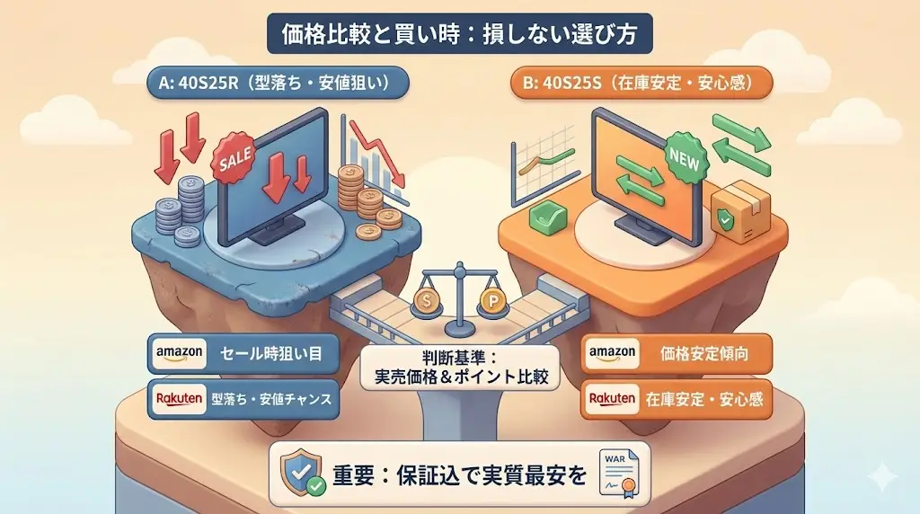 40S25Rと40S25Sは、性能差がほとんどないからこそ、 「いつ・どこで買うか」によって満足度が大きく変わります。